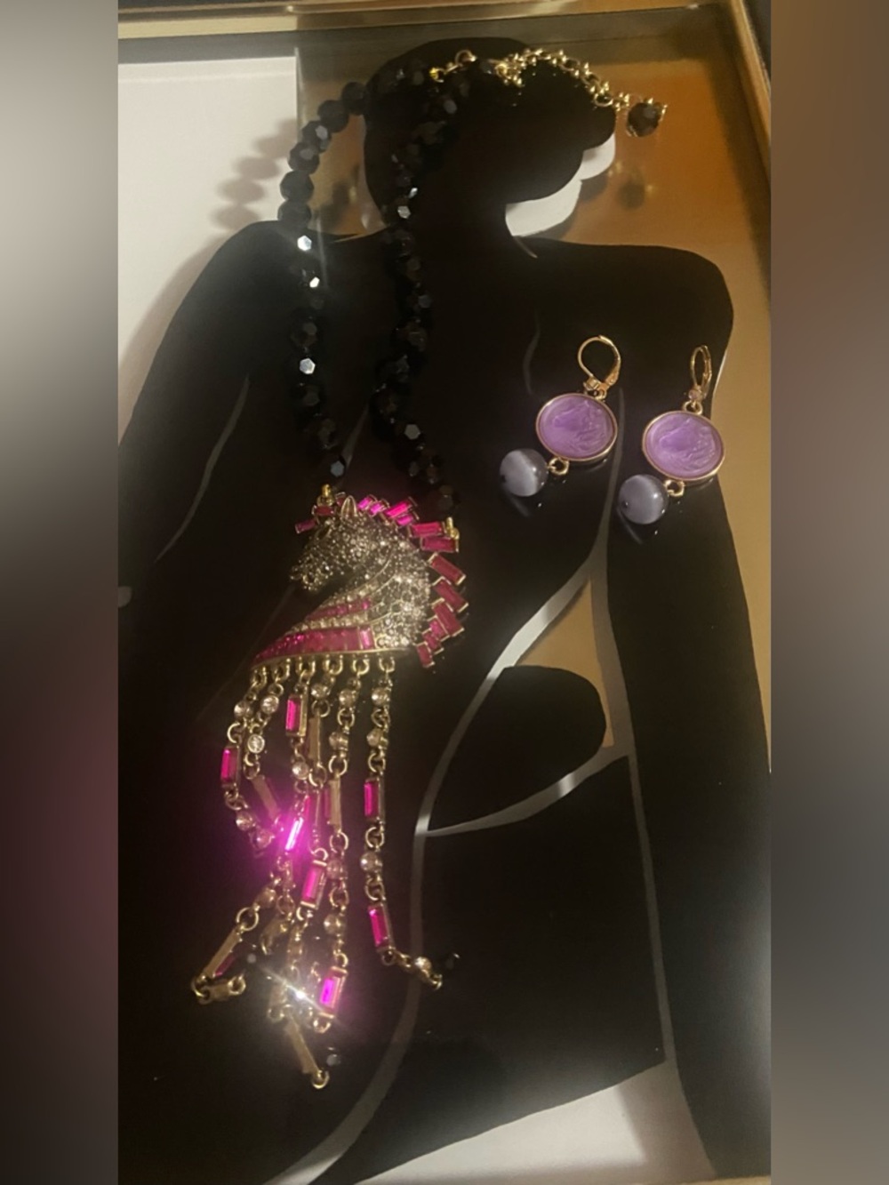 Pink Unicorn Statement Necklace with Black Bead Chain and Kirks Folly Earrings